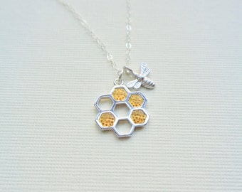 Honeycomb Bee Necklace, Beehive Pendant, Honey Autumn Jewelry, Mothers Necklace, Silver Necklace, Gift For Her