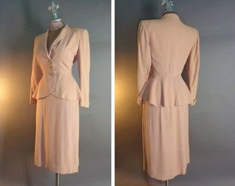 1940s suit 40s PINK PEPLUM SUIT special flared peplum gold swirl buttons jacket skirt 2pc suit