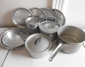 Vintage Aluminum Camping Cookware Set Shabby Chic 14 Piece Aluminum Cookware 50's-60's Era