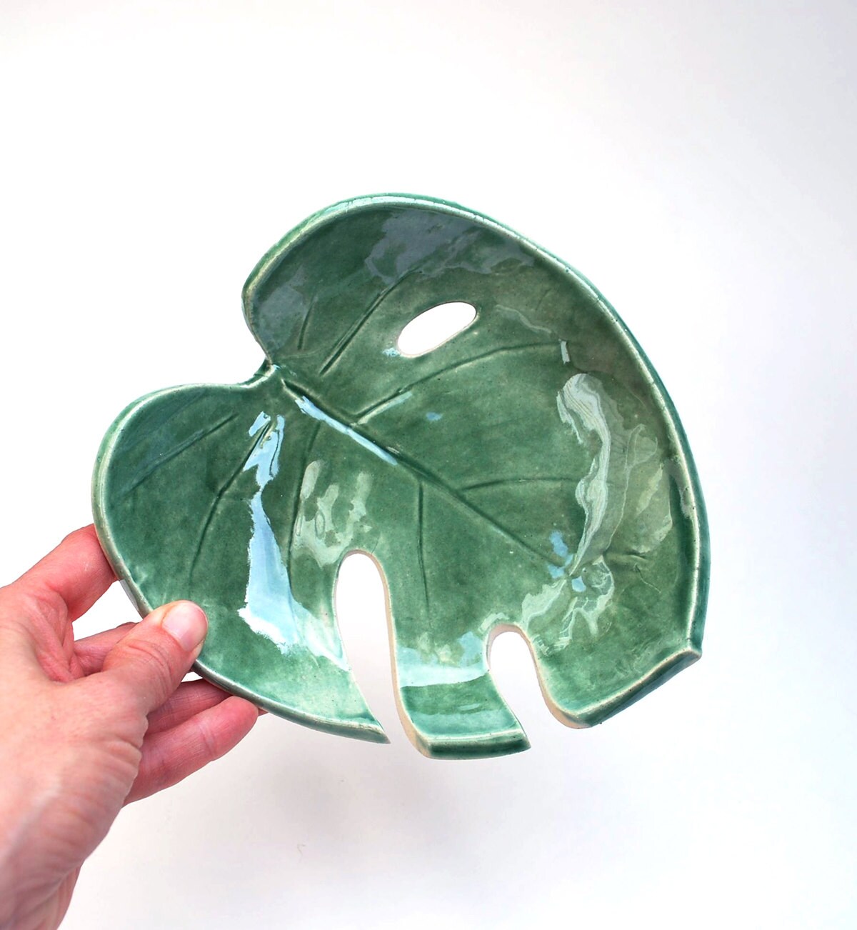 Green Leaf Philodendron Bowl Pottery Ceramic Handmade