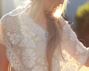 Vintage Lace maxi Dress. mori girl lace dress, boho fringe cotton dress. hippy fringe lace dress. Woodland Wedding dress