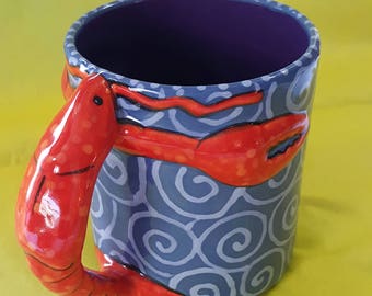 MUG, Hand Painted Mug, lobster mug, Ceramic mug, Whimsical Mug, Coffee Mug, Tea Mug,Hot chocolate Mug,Cocoa Mug,Large Mug,Unique Mug,lobster