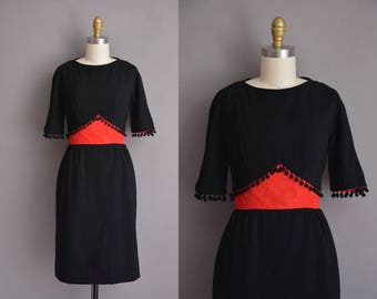 1950s vintage dress. 50s black wool Pom Pom vintage wiggle dress