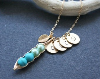 Pea Pod Necklace, Gift for Her, Peas in a Pod, Initial Necklace, Personalized Jewelry, Four Peas in Pod, Gold Pea Pod Necklace, Gold Filled