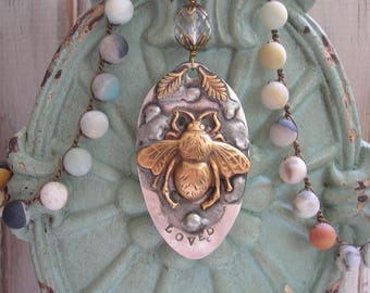 Crochet necklace bee pendant necklace - Bee Loved - boho jewelry inspirational stamped spoon, crochet jewelry, gemstones, vintage inspired