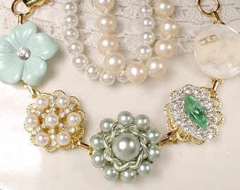 OOAK Mint Green & Ivory Pearl Rhinestone Gold Bridal Bracelet, Vintage Earring Mint Bridesmaid Bracelet, Jewelry Gift, Sets 3 4 5 6 7 8 Also