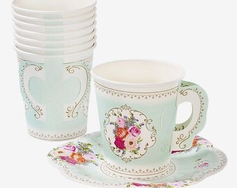 Shabby Chic paper Floral Tea Cups and Saucer set of 12