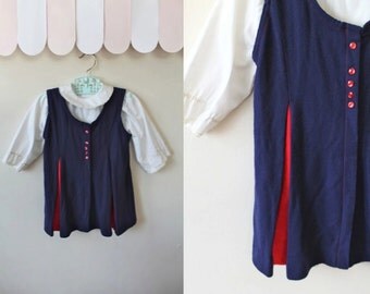 vintage 1960s toddler dress set - PEEKABOO RED blouse and navy dress / 3T