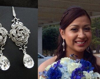 Bridal Earrings Swarovski Crystal Wedding Earrings Teardrop Chandelier Dangle Earrings Vintage Style Bridal Jewelry Dangle Earrings ROSELANI