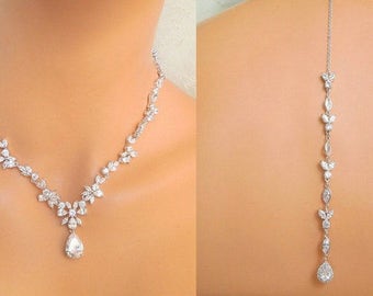Backdrop Bridal necklace, Wedding crystal pearl necklace, Statement Bridal Necklace, Cubic ziconia necklace, Wedding Necklace, CZ, CASSY