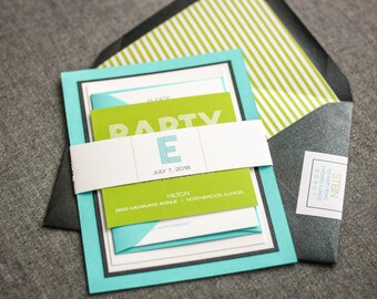 Aqua Birthday Invitations, Bar Mitzvah Invitations, Initial Wedding Invites, Striped Invitations, Metallic Invites - "Modern Monogram" FP-2L