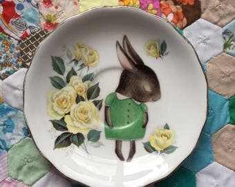 Shy Bunny on Amazing Green and Yellow Rose Floral Vintage Illustrated Plate