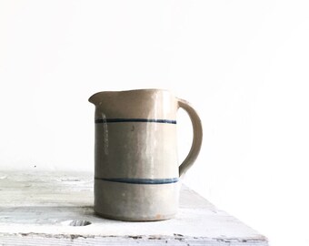Vintage Farmhouse Striped Crockery Pitcher, Milk Pitcher, Water Pitcher, Marshal Pottery, Earthenware