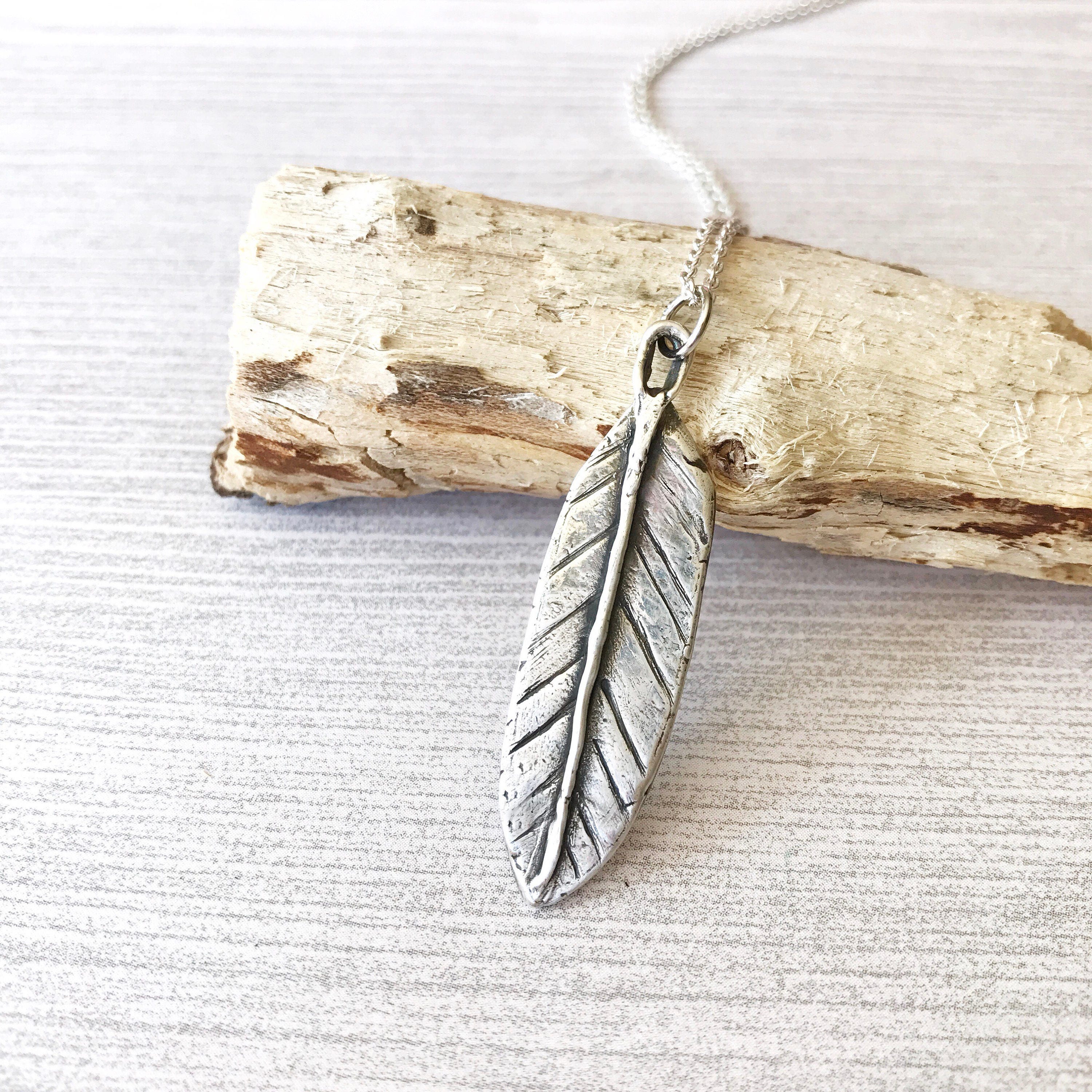 Feather Necklace Long Fine Silver Pendant Boho Bohemian