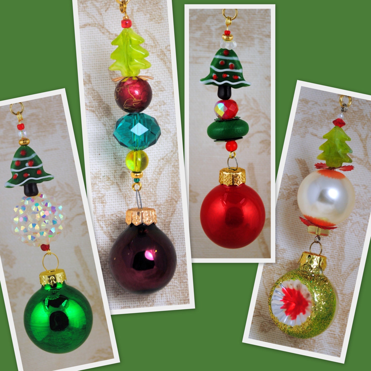 Beaded Christmas Tree Ornaments in Red and Green Santa