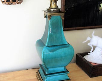 Vintage blue crackle Stiffel Lamp/ mid century table lamp/ torchiere/ blue & brass lamp/porcelain