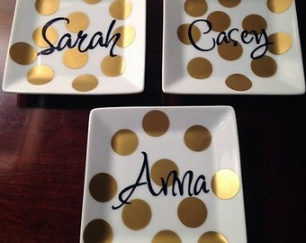 Personalized Polka Dot Jewelry Dish, Ring Tray, Bridesmaids Jewelry Tray, Coaster, Ceramic Dish