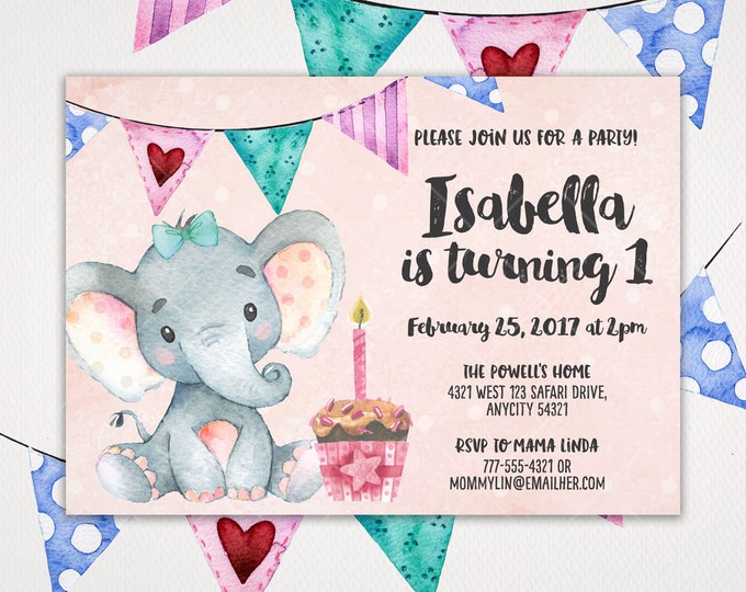 Cute Girl Elephant Birthday Invitation, Baby Girl Birthday Party, Pink Safari Jungle Girl Elephant Printable Invitation