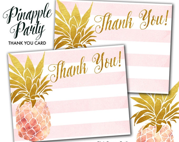 Aloha Pineapple Luau Hawaiian Tropical Party Thank You Card, Pink and Gold Pinapple Thank You Card Instant Download Flat Printable Card