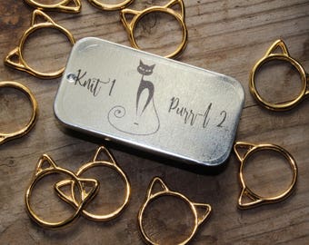 Large Snag Free Gold Cat Stitch Markers with Storage Tin, Snagless Ring Stitch Markers, Gifts for Knitters, Knitting Tools, Gifts for Mom