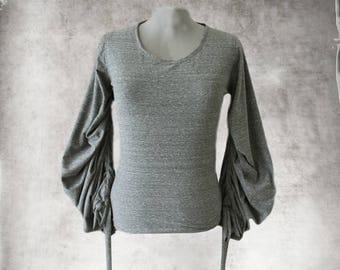 Gray marled top//Pleated long sleeve/women knit shirt