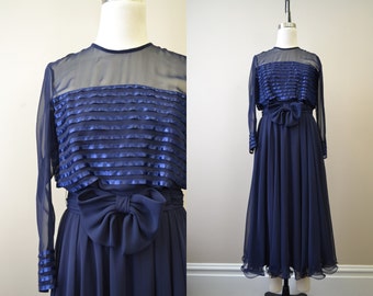 1970s Miss Elliette Navy Chiffon Dress