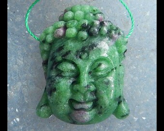 Carved Ruby And Zoisite Gemstone Buddha Head Bead Pendant,30x23x8mm,12.20g(e0013)