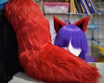 Crimson Dark Red Fox Tail with Matching Ears Set
