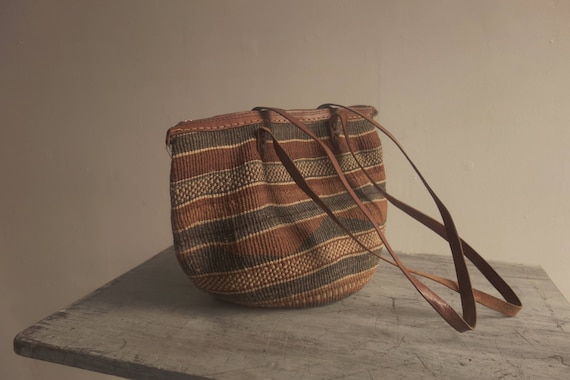 vintage 80&#39;s woven straw bag from Africa-with leather
