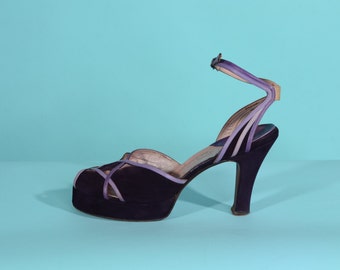 Vintage 1940s Purple Platform Shoes - Leather Suede High Heel - Bridal Fashions Size 9 N 8
