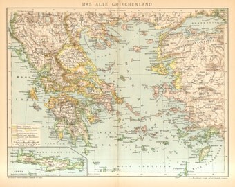 1894 Original Antique Map of the Ancient Greece and Crete with the Invading Tribes