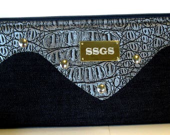 clutch bag gray faux leather blue denim clutch