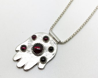 OOAK Amulets Charm Pendant - Judaica Sterling Silver Hamsa with Garnets - Handmade Jewelry - חמסה