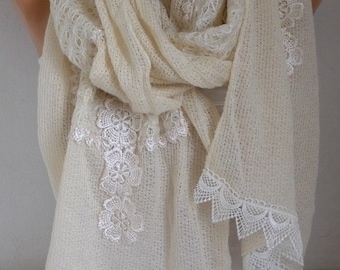 Ivory Floral Knitted Scarf,Wedding Shawl, Winter Scarf,Cowl,Bridesmaid Bridal Accessories Gift Ideas For Her Women Fashion Accessories