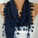 ON SALE --- Dark Blue Floral Pashmina Scarf,Fall,Christmas, Cowl Scarf with Lace Edge - Necklace Scarf