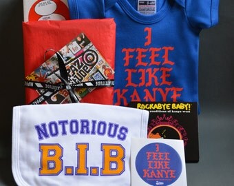 Kanye West Fun Baby Gift Box - I Feel Like Kanye Baby Onesie, Notorious B.I.B. Kanye Lullaby CD, Sticker & Greeting Card - New Dad Gift