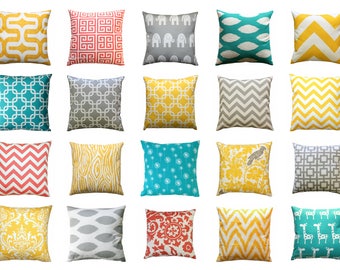 CLEARANCE Yellow Pillow Cover, Coral Throw Pillow, Turquoise Pillow Case, Grey Couch Pillows, 16x16 Zippered Pillow, Yellow Home Decor SALE