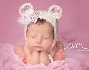 Newborn Bear Bonnet - Newborn Photo Prop - Newborn Girl Hat - Newborn Crochet Hat - Newborn Bear Hat - Baby Bear Hat