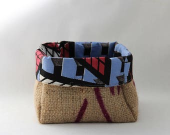 Upcycled Coffee Sack and African Wax Print Slouch Storage Basket Medium