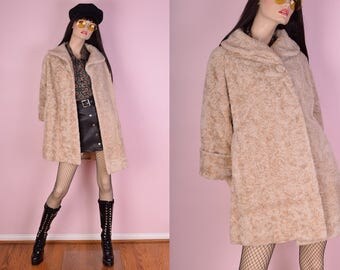 60s Beige Faux Persian Lamb Fur Coat/ Medium/ 1960s/ Vintage/ Jacket
