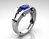 Modern 14K White Gold 1.25 Ct Princess Blue Sapphire Ring R394-14KWGBS