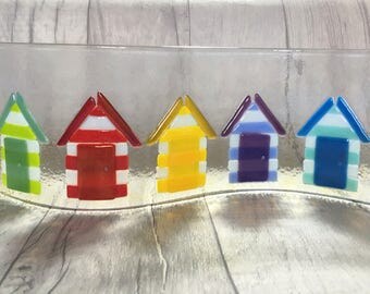 Fused Glass Art, Beach Hut Art, Beach Decor, Tea Light Holder, Rainbow Glass, Beach Theme, Beach Art, Candle Holder, Glass Art, Seaside Art