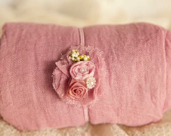 2 item Dusty Rose Mauve swaddle wrap set w length choice 100% cotton Dusty Mauve swaddle+ Cute headband w berries newborn swaddle wrap set
