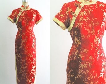 Vintage Red Chinese Dress Cheongsam Qipao Red Cheongsam Red Qipao Red and Gold Silk Chinese Dress Red Satin Chinese Dress Medium Larg