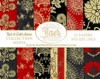 DIGITAL PAPER FLORAL:Asian Digital Paper, Red and Gold Foil Digital Paper, Chinese New Year Digital Paper, Asian Wedding Paper, #15204