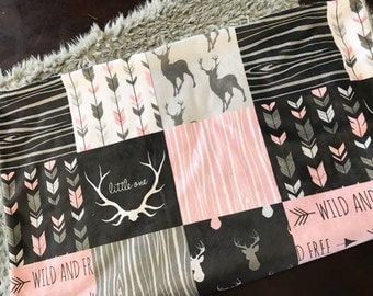 Pink Deer Baby Girl Blanket. Baby MINKY Blanket, Grey Baby Bedding. Faux Fur Baby Blanket, Personalized Baby Girl Blanket, Baby Shower Gift