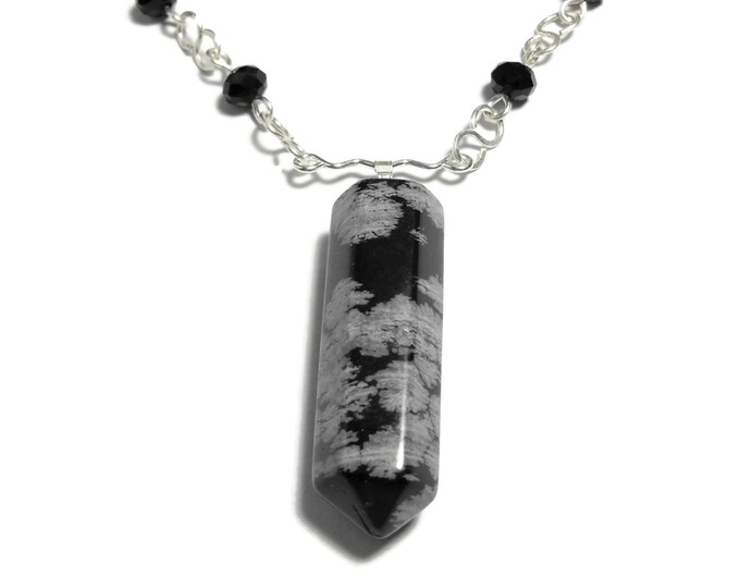 FREE SHIPPING Snowflake Obsidian necklace, bullet pendant, black Swarovski crystals, infinity connectors, silver plated chain, gemstone