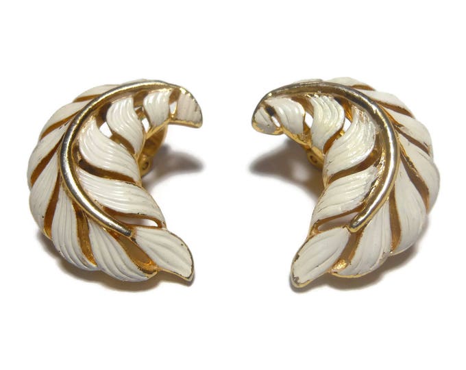 Crown Trifari earrings, 1950s early 60s leaf, gold clip earrings, white enamel over gold