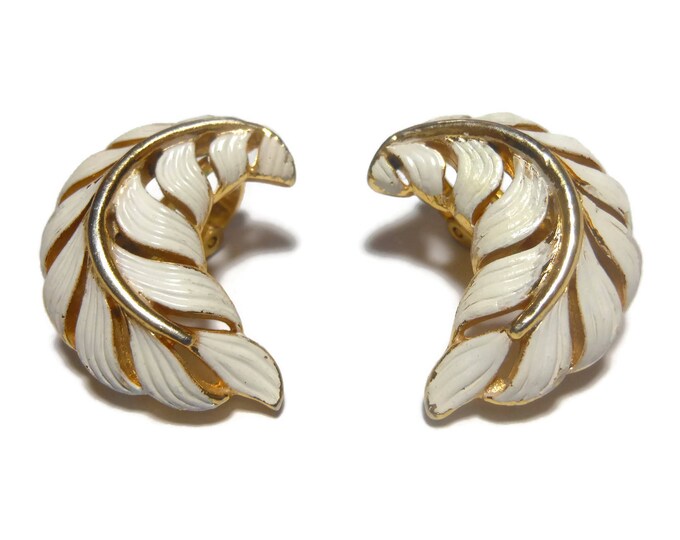 Crown Trifari earrings, 1950s early 60s leaf, gold clip earrings, white enamel over gold