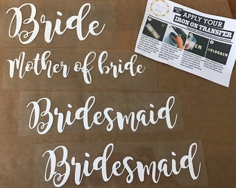 Wedding role iron on transfers white bride bridesmaid maid of honour hen party